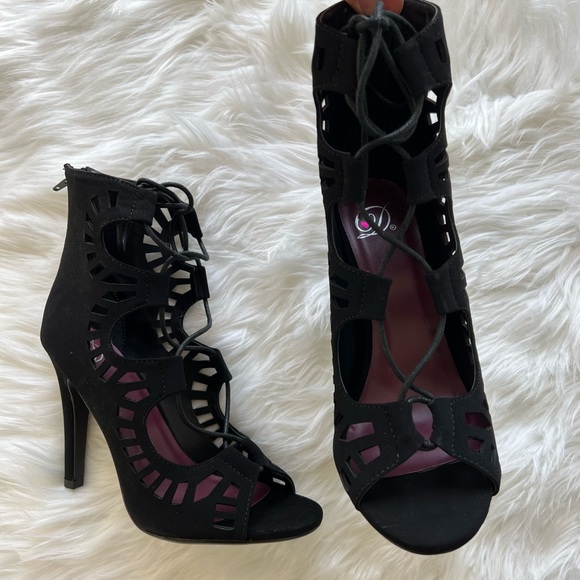 Delicious Shoes - Delicious Black Lace-up Cut-out Peep-toe High Heels Stilettos